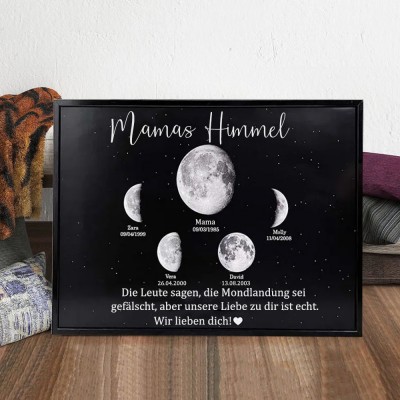 Personalisierter Mama's Universum Holz-Mondphasen-Druckrahmen-Schild mit Kindernamen und Daten, einzigartiges Familienkunstgeschenk für Mama, Oma, Geburtstagsgeschenk für neue Mama, Ideen für den Muttertag