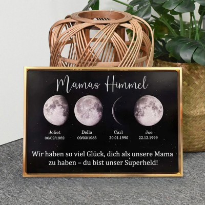 Personalisierte Mama's Himmel Holz Familienkunst Mondphasen-Druckrahmen Schild mit Kindernamen und Daten, einzigartiges Geburtstagsgeschenk für Mama, Oma, Ideen für den Muttertag, Geschenk für Mama während der Schwangerschaft