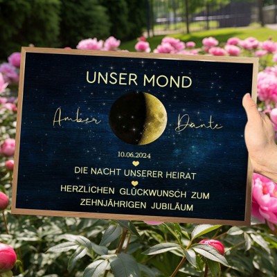 Die Nacht, in der wir geheiratet haben. Individuelles Holzschild mit Aufdruck „Unsere Mondphase“ für Paare mit Jahrestagsdatum. Einzigartiges Geburtstagsgeschenk für Seelenverwandte. Jahrestagsgeschenk. Geschenkideen zum Valentinstag.