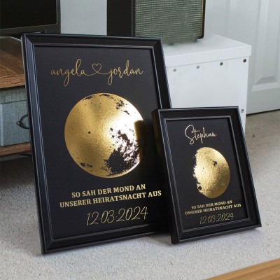 So sah der Mond an dem Tag aus, als wir geheiratet haben. Individueller Mondphasenrahmen für einzigartige Geschenke zum Hochzeitstag und Valentinstag.