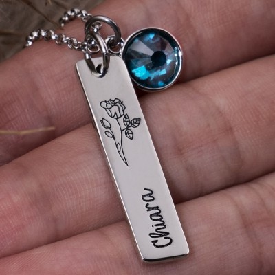Personalisierte Bar-Halskette mit Geburtsstein-Geburtsblumenschmuck