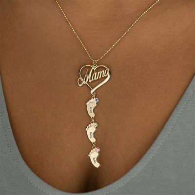 Personalisierte Mama-Namenskette mit Geburtsstein und Babyfüßen-Anhängern - Geschenkideen zum Muttertag