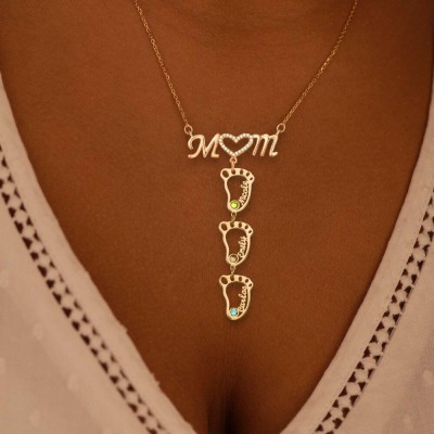Personalisierte gravierte Name Baby Füße Anhänger Mama Familie Birthstone Halskette Muttertag Geschenk-Ideen