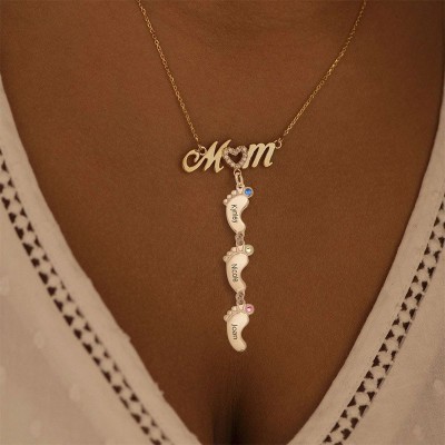 Personalisierte 1-10 Babyfüße-Anhänger Familien-Geburtsstein-Halskette mit eingraviertem Namen Geburtstagsgeschenk für Mama Oma