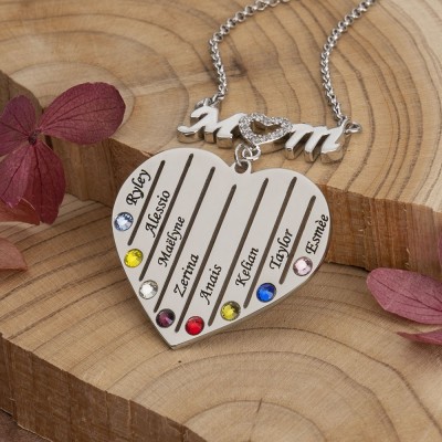Personalisierte herzförmige Mama-Halskette mit eingravierten Namen und Geburtssteinen. Ideen für Familiengeschenke