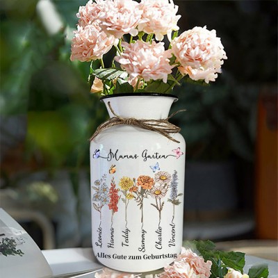Personalisierte Geburtsblumenvase aus Omas Garten mit den Namen der Enkelkinder. Einzigartiges Andenken zum Geburtstag für Mama, Oma, Familiendeko, Muttertagsgeschenk