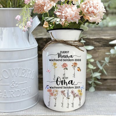 Personalisierter Kunstdruck „Erste Mama, jetzt Oma“, Geburtsblumenvase mit Kindernamen, einzigartiges Familienandenken, Geschenke für Mama, Oma, Geburtstagsgeschenk, Muttertagsgeschenke