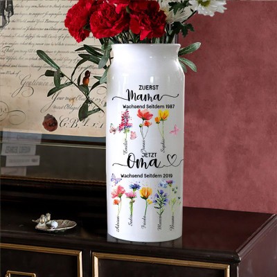 Personalisierter Kunstdruck „Erste Mama, jetzt Oma“, Geburtsblumenvase mit den Namen der Kinder, einzigartige Geburtstagsgeschenke für Mama, Familiengeschenk für Oma, Babyparty-Geschenk, Muttertagsgeschenke