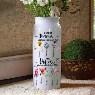 Personalisierter Kunstdruck „Erste Mama, jetzt Oma“, Geburtsblumenvase mit Kindernamen, einzigartige Geburtstagsgeschenke für Mama, Oma, Familienandenken, Muttertagsgeschenke