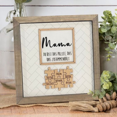 Personalisiertes Holzschild mit der Aufschrift „Mama, du bist das Puzzle, das uns zusammenhält“ mit dem Namen des Kindes, Familiengeschenke für Mama, Oma, einzigartige Geschenkideen zum Muttertag