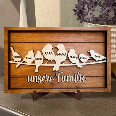 Personalisiertes Vogelfamilien-Stammbaumschild aus Holz mit Kindernamen, Familiendekoration, Geschenk für Mama, Oma, besondere Geschenkideen zum Muttertag