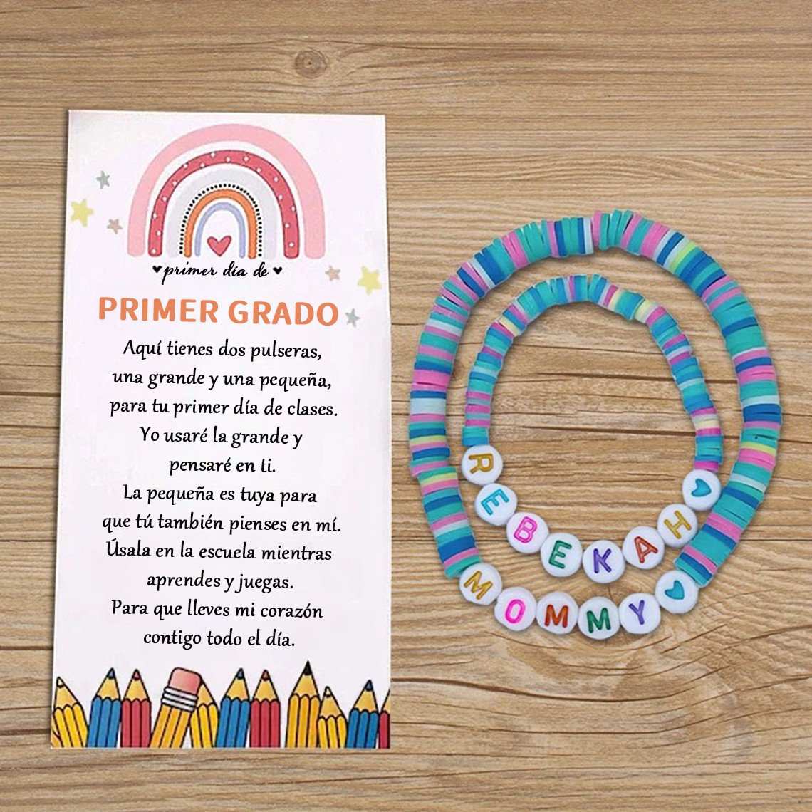 Pulsera de corazón a juego para mamá y yo, primer día de jardín de infantes. Regalos para la vuelta al cole para niños.