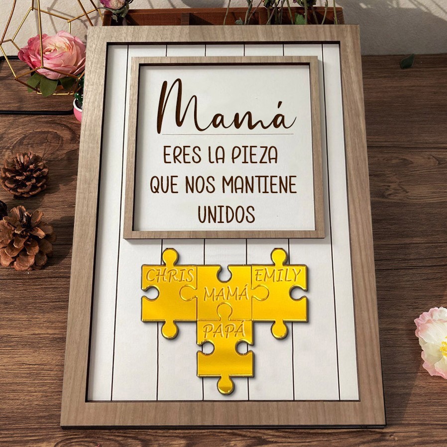 Signo acrílico personalizado de madre: 'Eres la pieza que nos mantiene unidos' con los nombres de los niños. Regalo de cumpleaños único para mamá o abuela, regalo de baby shower, ideas de regalos para el Día de la Madre.
