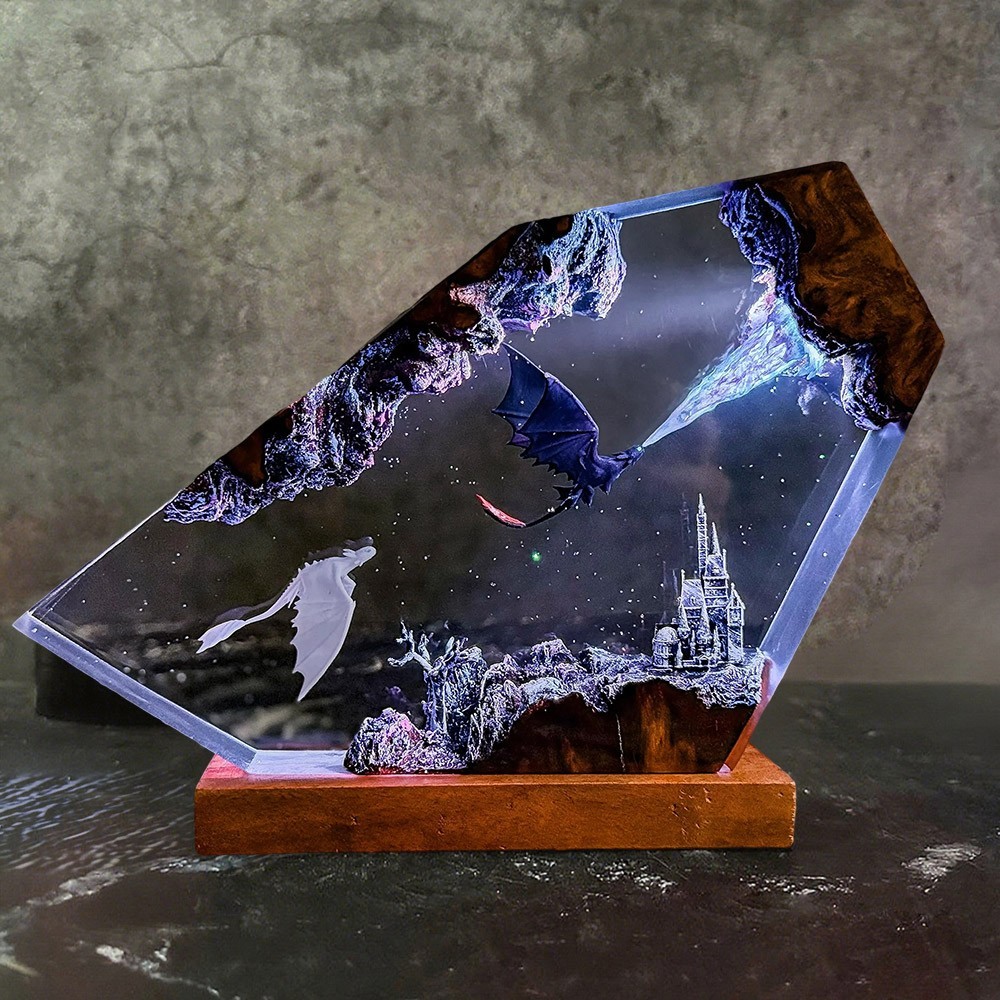 Lámpara Artesanal de Dragón de Hielo en Resina Epoxi y Madera | Regalo Único para Parejas, Decoración del Hogar, Regalo de Navidad