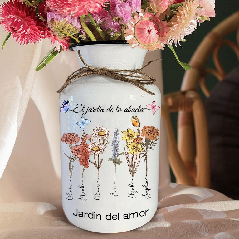 Jarrón familiar personalizado con flores de nacimiento para el jardín de la abuela, con los nombres de los nietos. Regalos únicos para mamá, abuela y el Día de la Madre.