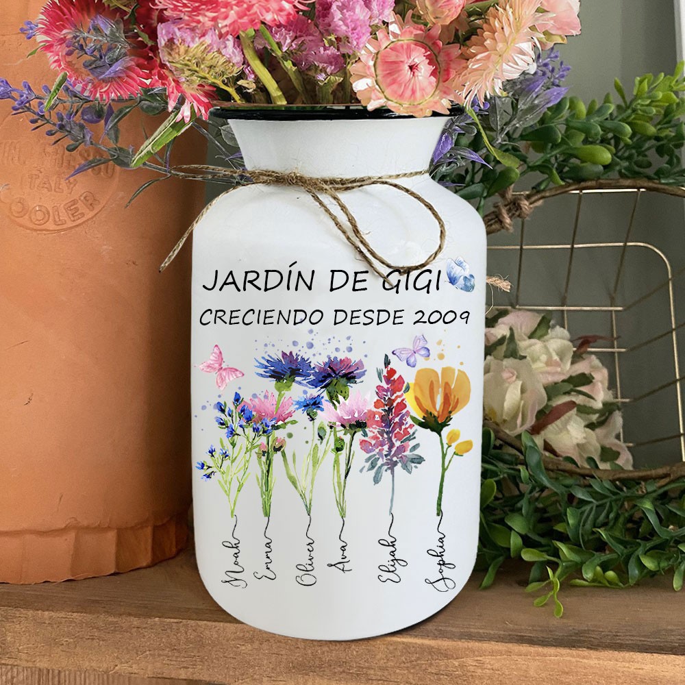 Jarrón familiar personalizado con flores de nacimiento "El jardín de Gigi" con los nombres de los niños, regalos únicos para baby shower, regalo de cumpleaños para mamá, abuela, regalos para el Día de la Madre