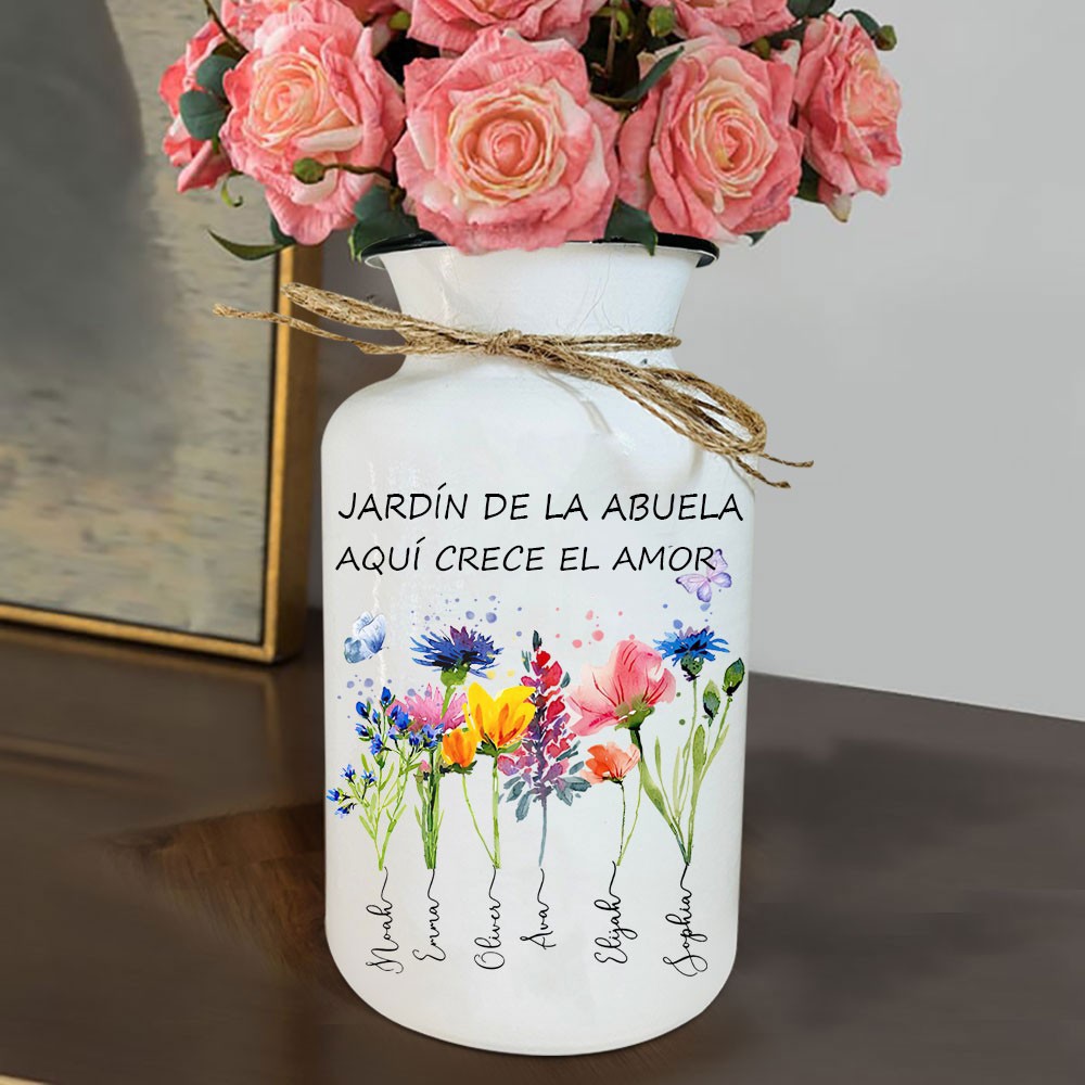 Lámina artística personalizada del jardín de la abuela. El amor crece aquí. Florero familiar con nombres de niños. Regalos de cumpleaños únicos para mamá, abuela, regalos para el Día de la Madre.