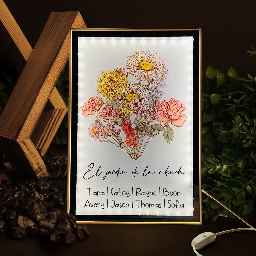 Lámpara de noche con estampado floral personalizada de Grandma's Garden, ramo familiar con nombres de nietos, regalo de cumpleaños para mamá, abuela, regalo único para el día de la madre