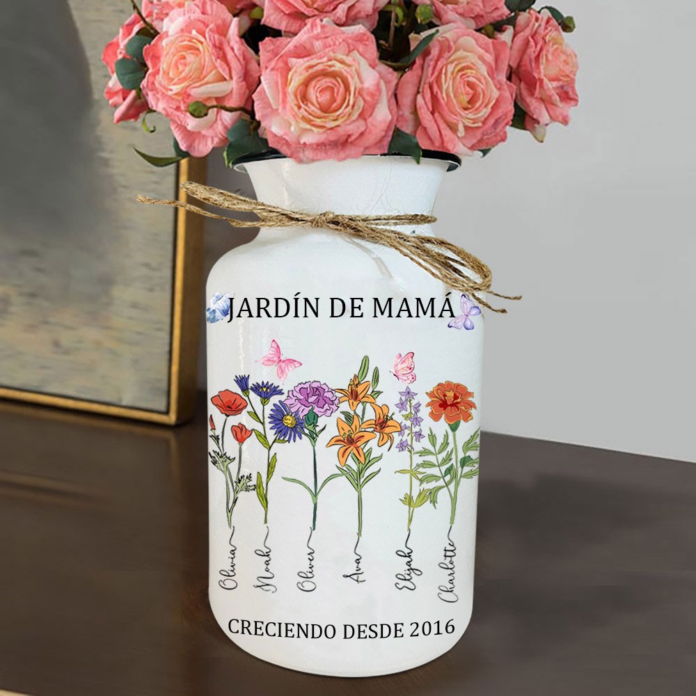 Impresión artística personalizada: Jarrón con flores de nacimiento para el jardín de mamá, con nombres, decoración única para el hogar, regalo de cumpleaños para mamá, abuela, ideas de regalo para el Día de la Madre.