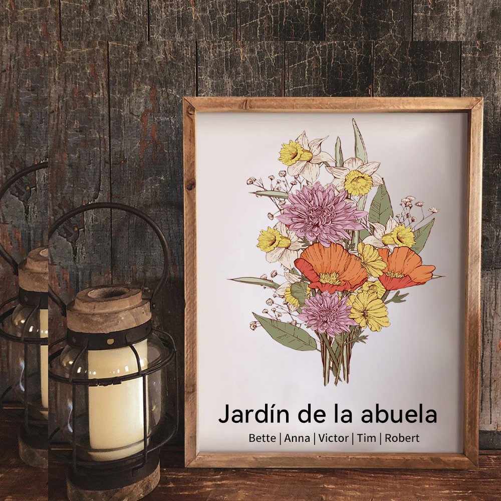 Rótulo de Ramo de Flores de Mes de Nacimiento "El Jardín de la Abuela" Personalizado con Marco de Madera – Regalos Únicos para el Día de la Madre con Nombres – Regalo para Mamá o Abuela