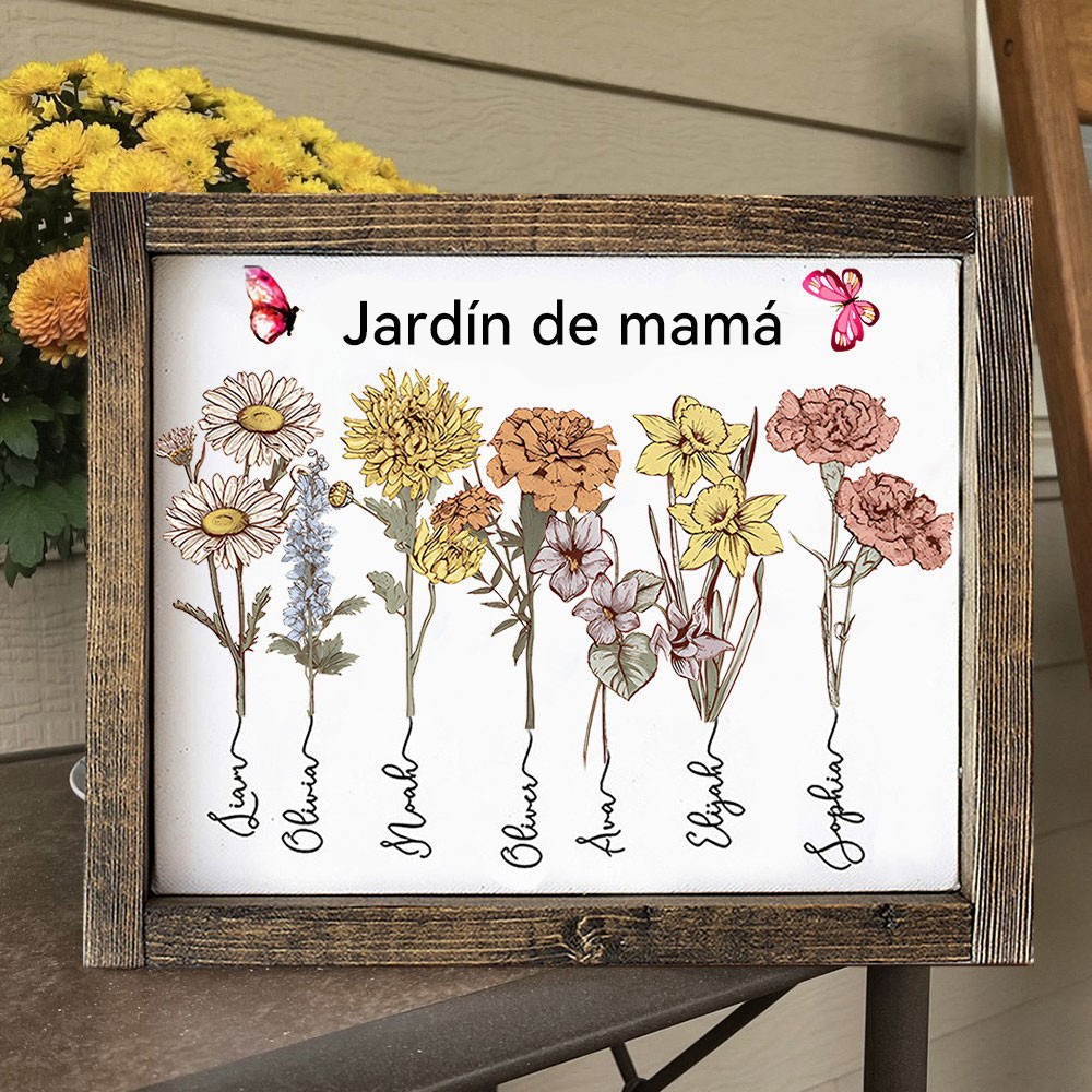 Impresión de Arte Acuarela en Madera Personalizada - Jardín de Mamá - Flores de Mes de Nacimiento - Letrero Enmarcado - Regalo Único y Significativo para Mamá, Abuela - Regalo del Día de la Madre