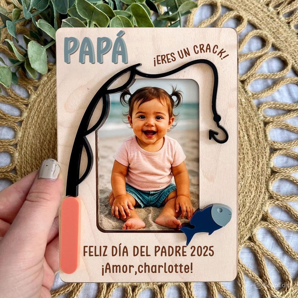 Imán de madera personalizado para nevera con foto de pesca. Marco de fotos personalizado. Regalo único para papá, abuelo o para el Día del Padre.