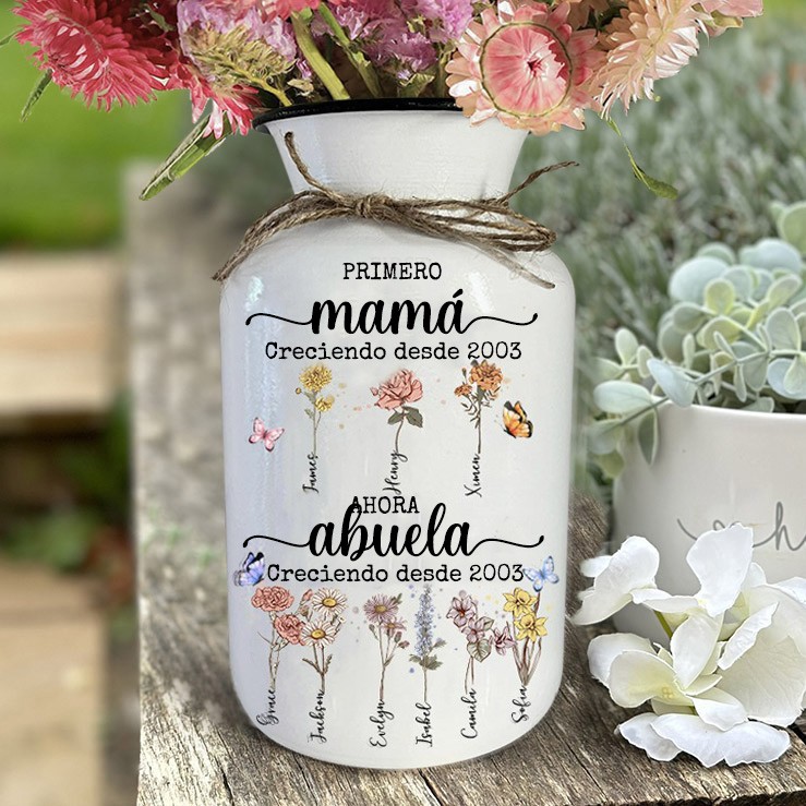 Florero personalizado para nacimiento de primera mamá, ahora abuela, con nombre de niños, regalos para mamá, abuela, ideas de regalos para el día de la madre