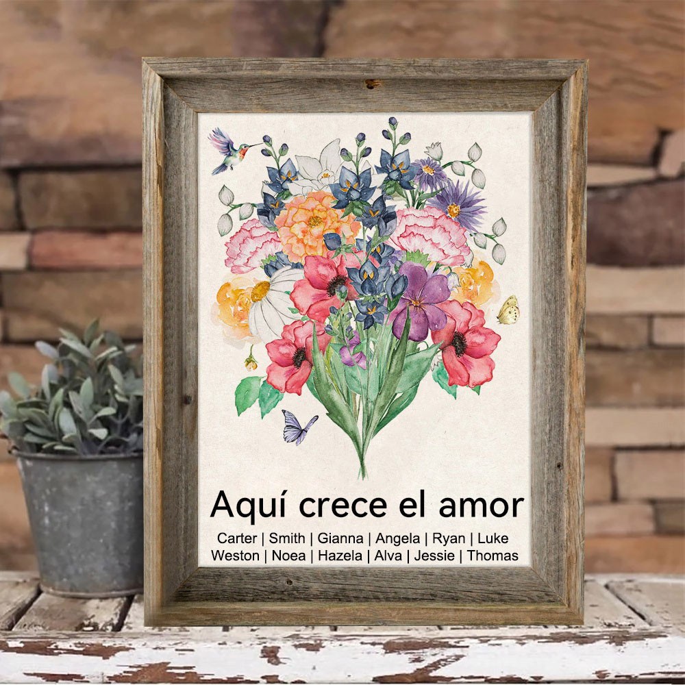 Aquí Crece el Amor Ramo de Acuarela Personalizado con Flores de Nacimiento Marco de Madera Regalo Familiar para Mamá Abuela Ideas de Regalo para el Día de la Madre