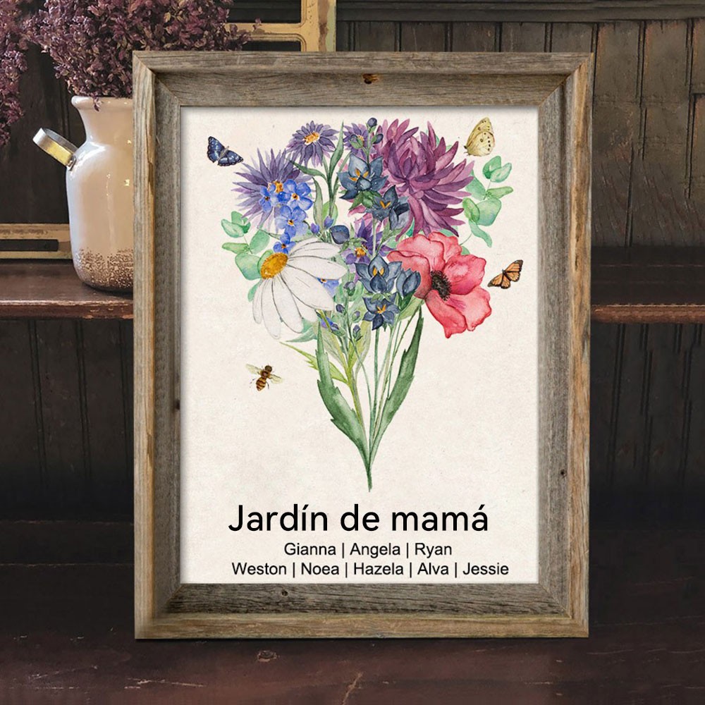 Cartel Personalizado con Marco de Acuarela de Ramo de Flores de Nacimiento del Jardín de Mamá - Regalo Único para Abuela o Mamá - Recuerdo Especial - Regalo del Día de la Madre