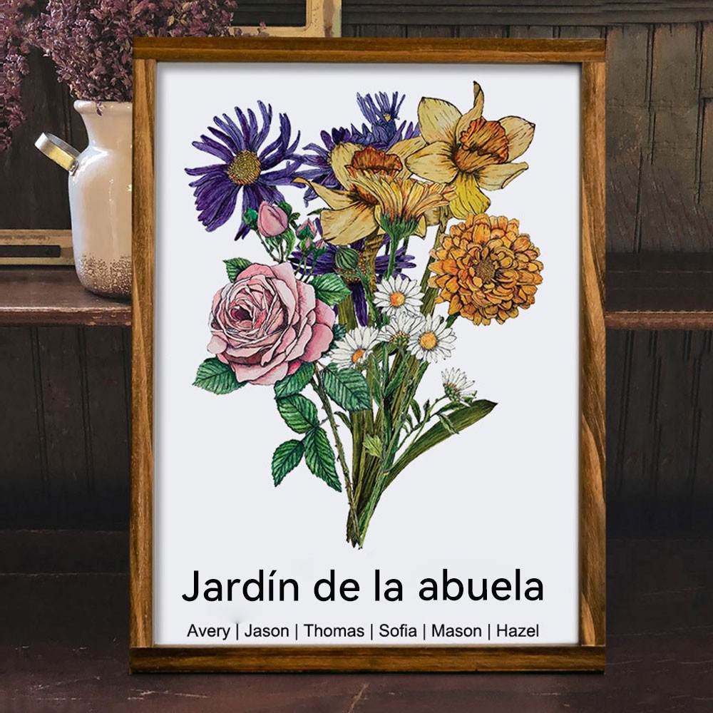 Lámina de arte personalizada "El Jardín de la Abuela" – Ramo de flores de nacimiento – Letrero de marco familiar con nombres de nietos – Regalo único y significativo para mamá, abuela – Regalo del Día de la Madre.