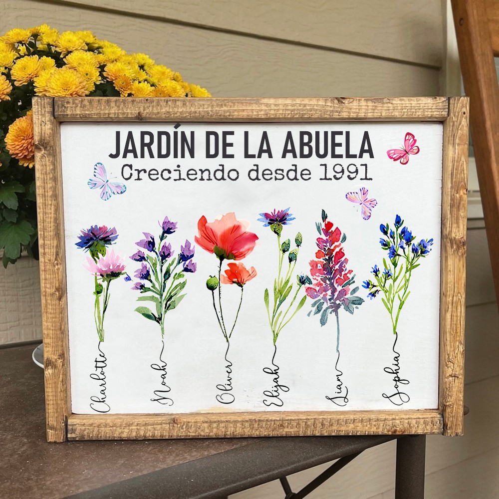 Letrero Personalizado con Nombres y Marco de Madera 'Jardín de la Abuela' con Flores de Nacimiento – Regalo Único de Cumpleaños para Mamá, Abuela, Regalo del Día de la Madre.