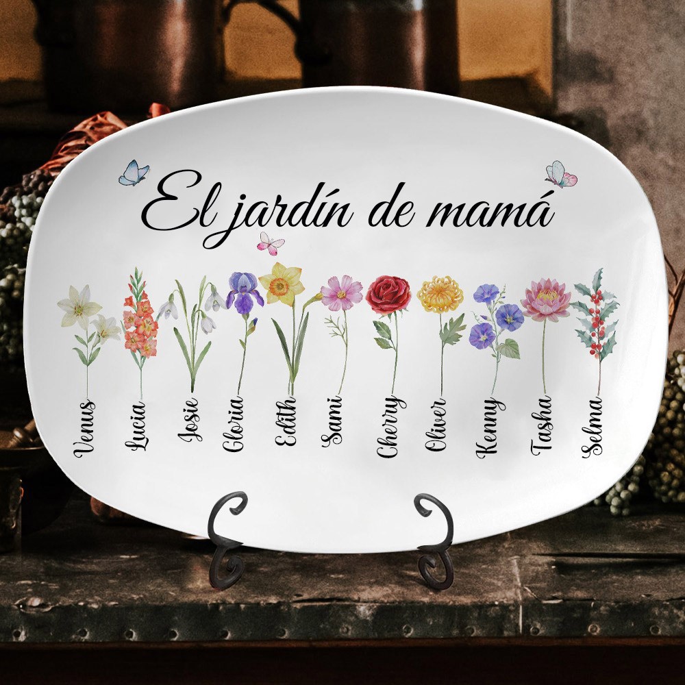 Bandeja de jardín personalizada para mamás impresa con flores de nacimiento, nombres de bebés, regalo de arte familiar único para mamá, regalo de cumpleaños, recuerdo para la abuela, ideas de regalos para el día de la madre
