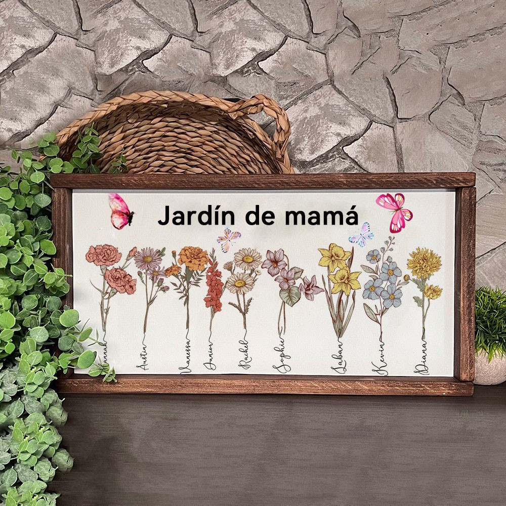 Impresión de arte personalizada 'El jardín de mamá' con flores de nacimiento, marco de madera, letrero familiar, regalo personalizado para mamá o abuela, regalo único para el Día de la Madre.