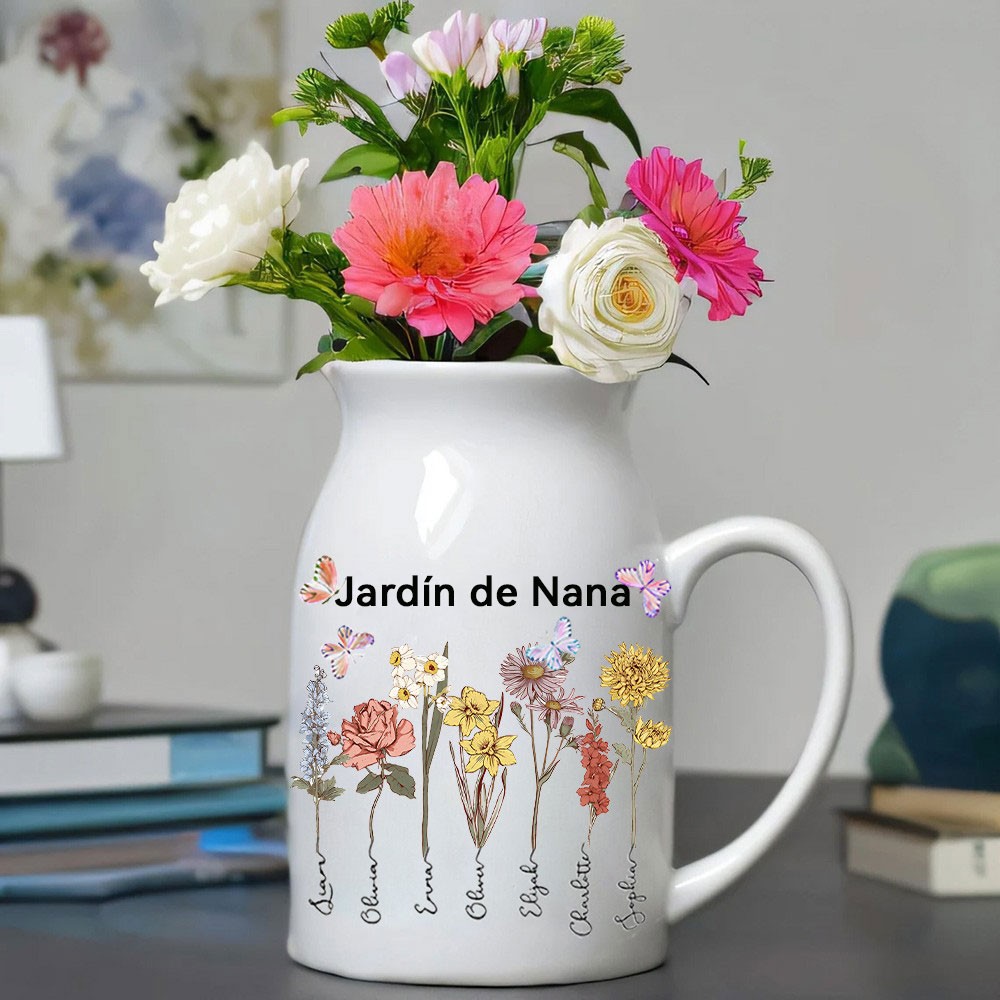Impresión artística personalizada: Jarrón familiar con flores de nacimiento del jardín de la abuela y nombres de los nietos. Regalos únicos para la abuela, recuerdo de cumpleaños de mamá, ideas de regalo para el Día de la Madre.