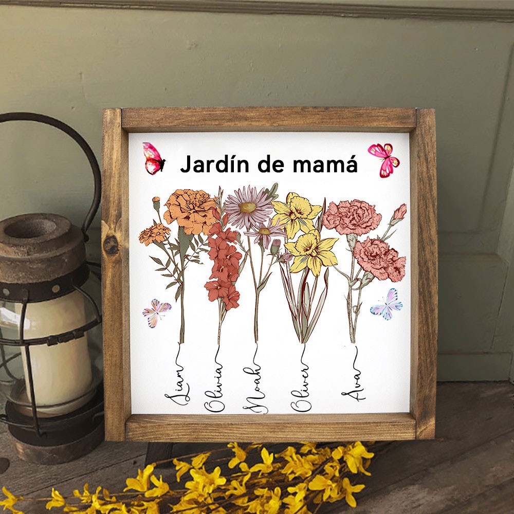 Marco de Madera Personalizado "El Jardín de Mamá" - Lámina Artística con Flores de Nacimiento y Nombres de Niños - Regalo Familiar Único para Mamá, Abuela - Ideas para el Día de la Madre