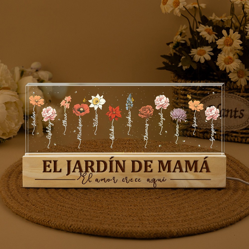 Jardín personalizado de mamá El amor crece aquí Flor de nacimiento Regalos de luz nocturna de madera para mamá Abuela Ideas de regalos para el día de la madre