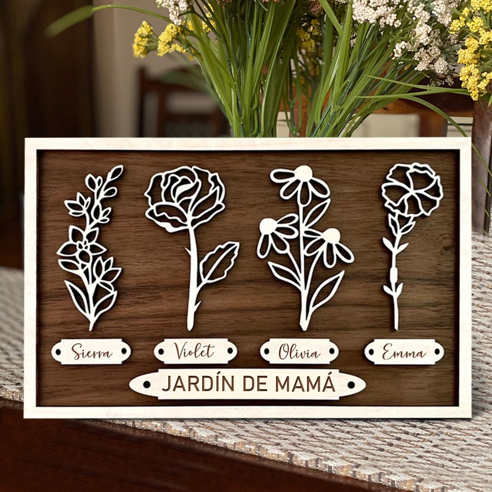 Letrero de madera personalizado 'El Jardín de Mamá' con nombres y flores de nacimiento, marco único, regalo de cumpleaños para mamá/abuela, regalo del Día de la Madre.