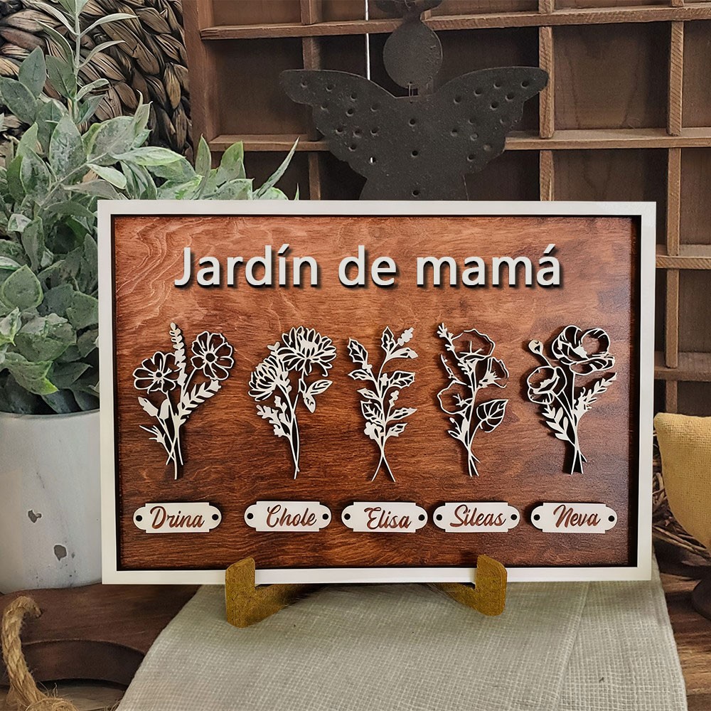 Impresión Artística Personalizada "Jardín de Mamá" con Flor de Nacimiento, Placa Familiar Enmarcada y Nombres de los Niños – Regalo Único para Mamá, Abuela, Ideas para el Día de la Madre.