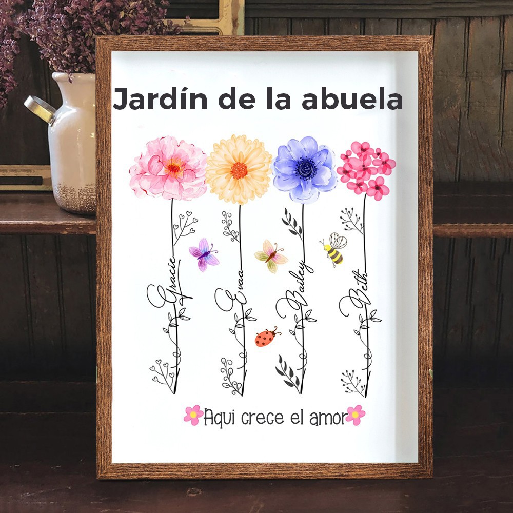 Lámina artística personalizada en acuarela El jardín de la abuela Marco de flores de nacimiento Letrero con nombre Regalo para mamá abuela Regalo único para el Día de la Madre
