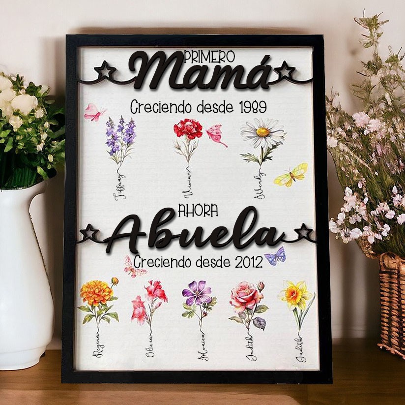 Cartel Personalizado con Marco de Flores de Mes de Nacimiento "De Mamá a Abuela" - Regalo Familiar Único para Mamá y Abuela en el Día de la Madre