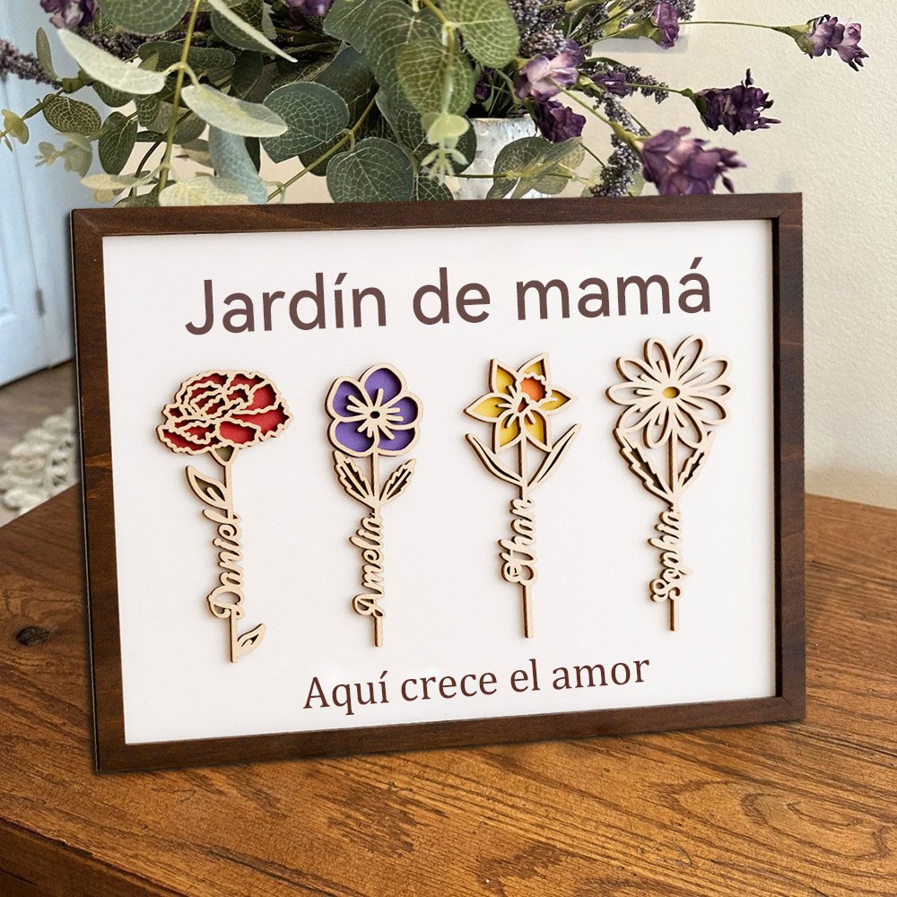 Señal de marco de flores con nombre de mes de nacimiento de jardín de mamá de madera personalizada, regalo familiar único para mamá, abuela, ideas de regalo para el Día de la Madre.