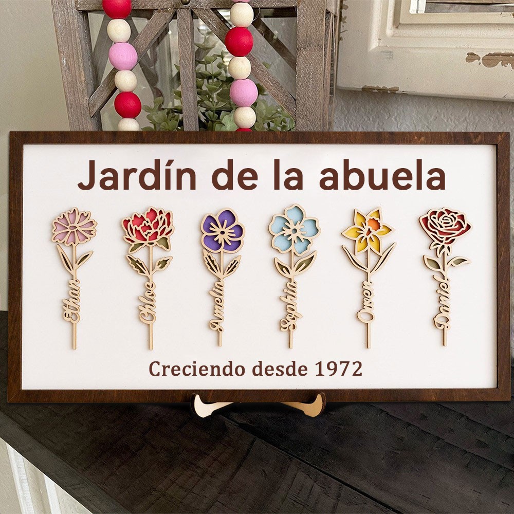Letrero de marco de madera personalizado 'El Jardín de la Abuela' con flores de nacimiento, regalo de cumpleaños personalizado para mamá/abuela, regalo único para el Día de la Madre