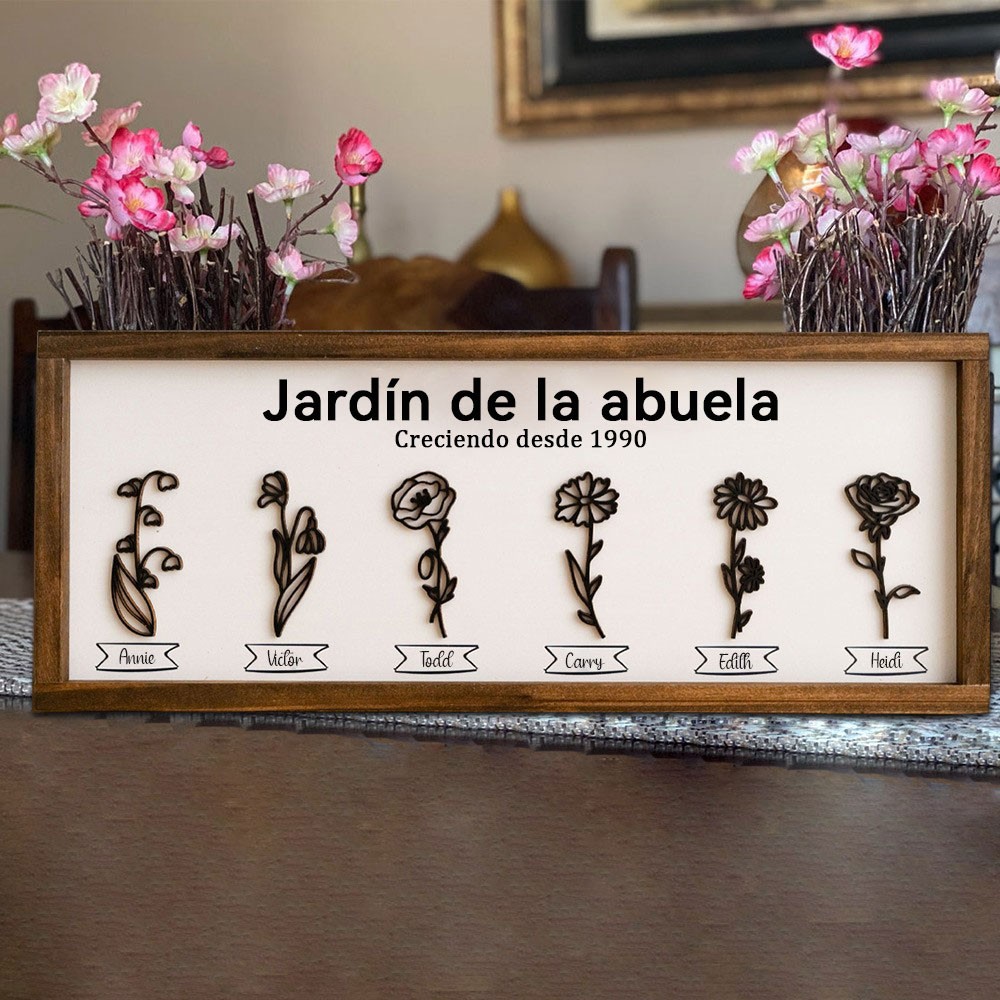 Jardín de Madera Personalizado de la Abuela con Nombres de Niños, Marco Personalizado con Flores de Mes de Nacimiento, Letrero de Regalo para Mamá, Abuela, Regalo del Día de la Madre.