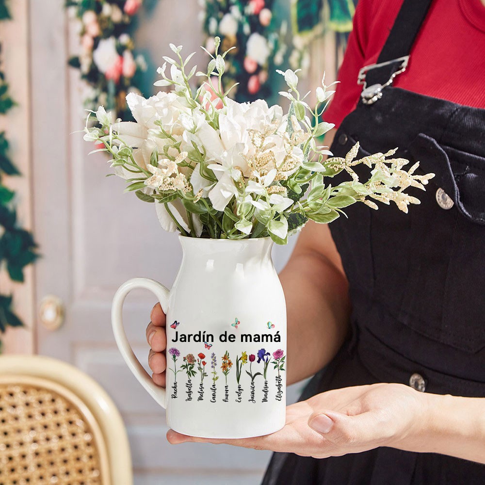 Impresión artística personalizada: Jarrón de flores de nacimiento con acuarela "Jardín de mamá" y nombres de niños. Regalo familiar único. Regalo de cumpleaños para mamá, abuela, ideas de regalo para el Día de la Madre.
