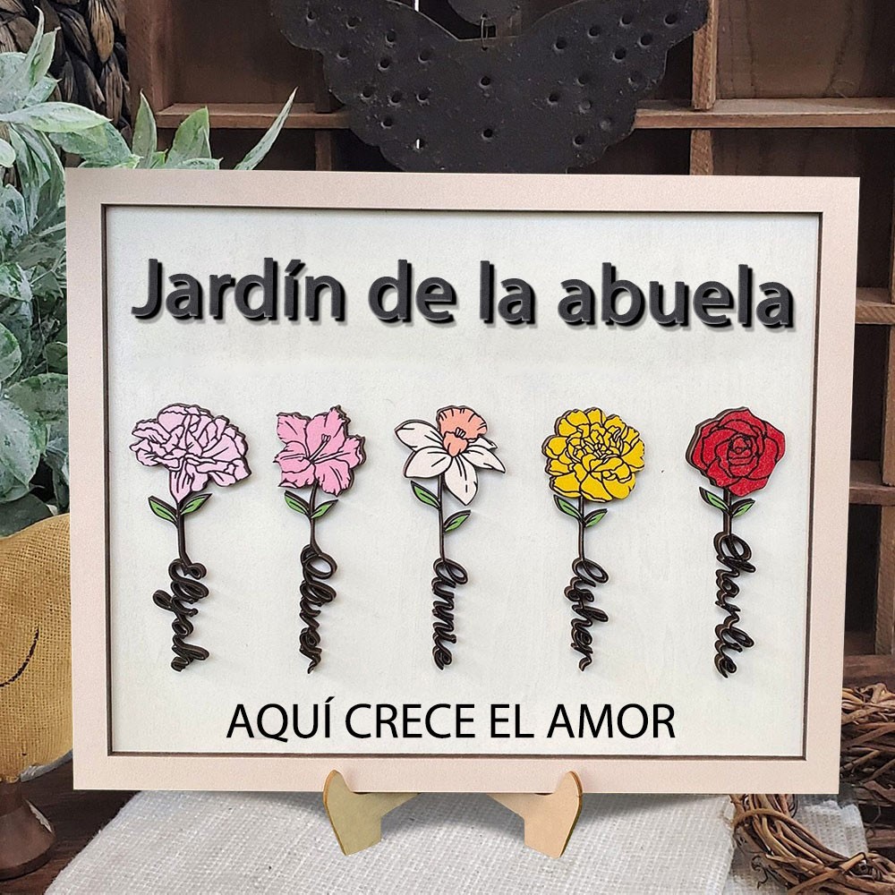 Letrero de marco de madera personalizado 'El amor crece aquí' para el jardín de la abuela, con acuarela personalizada y flores de nacimiento. Regalo único con nombres para mamá, abuela, o ideal para el Día de la Madre.