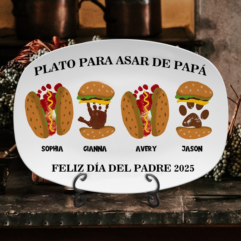 Plato personalizado para asar a la parrilla de papá, plato con huella de mano para barbacoa, regalo del Día del Padre