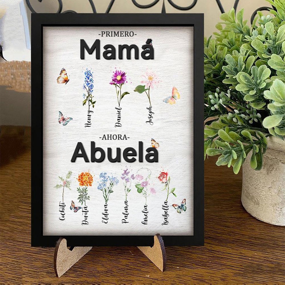 Marco de madera personalizado "Primero mamá, ahora abuela" con flores de nacimiento del mes y nombres de niños. Regalo familiar único para mamá y abuela. Ideas de regalos especiales para el Día de la Madre.