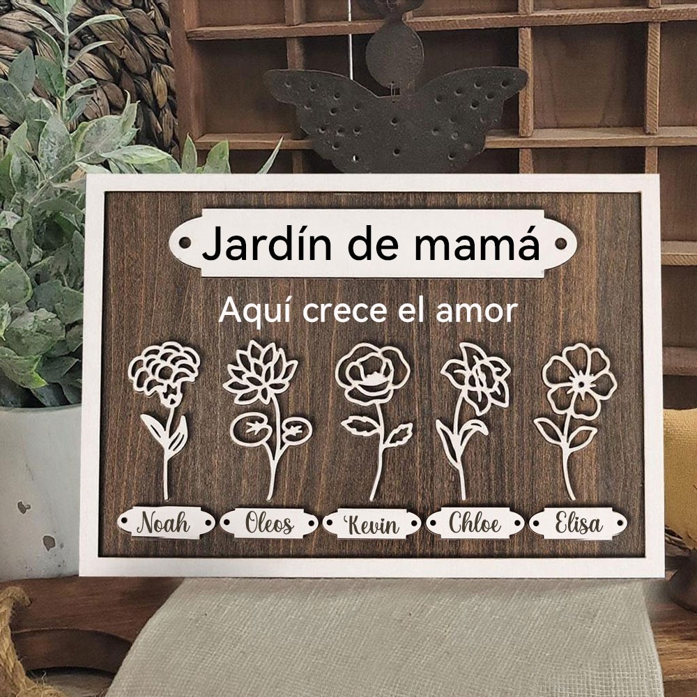 Letrero de marco personalizado de madera con las flores de nacimiento del jardín de mamá y los nombres de los niños - Regalo único para mamá, abuela, para cumpleaños o el Día de la Madre.