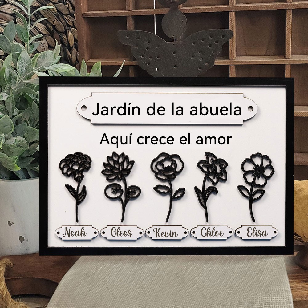 Letrero de Madera Personalizado 'El Jardín de la Abuela' con Nombres de Flores de Nacimiento y Nombres de Nietos - Regalo Familiar para Mamá o Abuela - Regalo Único para el Día de la Madre