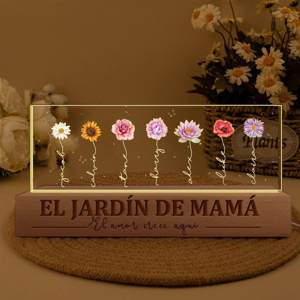 Jardín personalizado de mamá El amor crece aquí Flor de nacimiento Luz nocturna de madera Regalos de recuerdo para mamá Abuela Ideas de regalos para el día de la madre